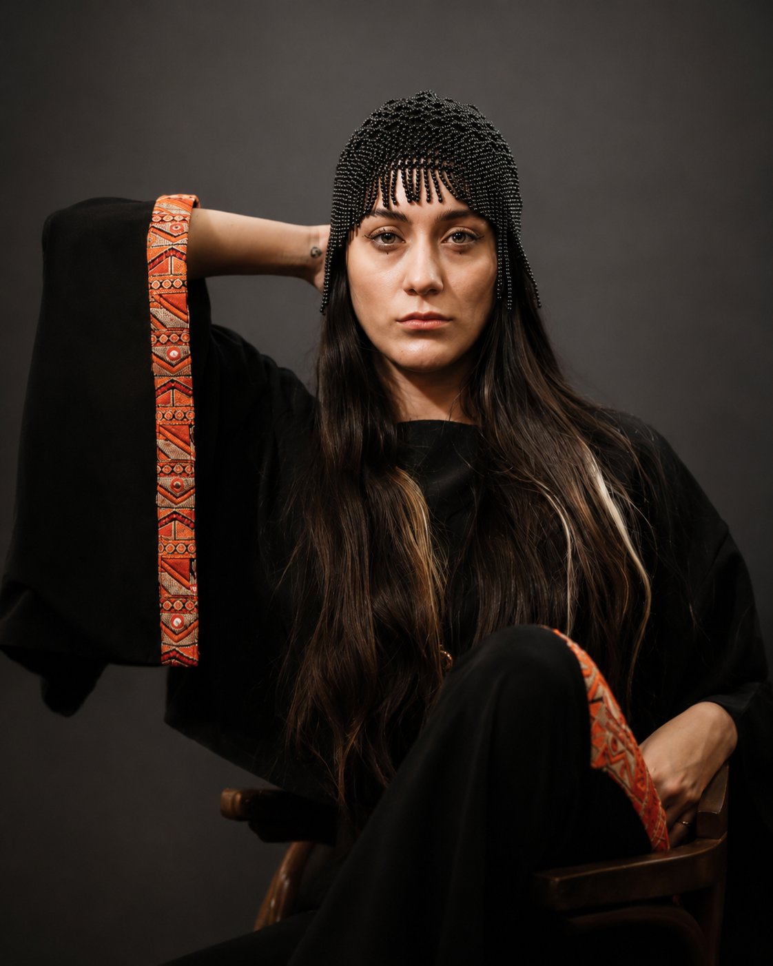 Deniz Motevaseli — portrait, beaded headpiece and embroidered kimono